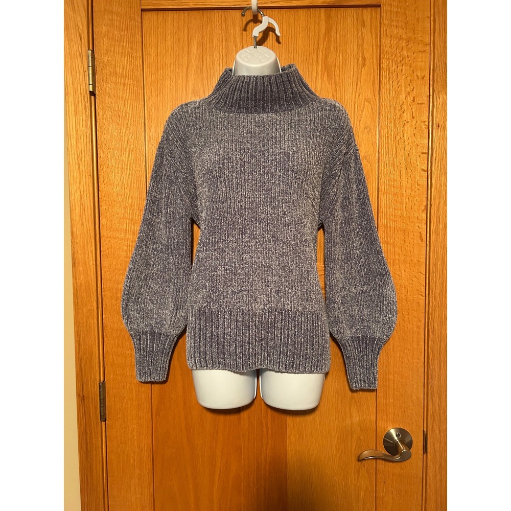 Cynthia Rowley Blue Chenille Mock Neck Balloon Sleeve Ribbed Knit Sweater Small